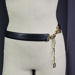 St. John Knits Black Leather Belt w/ Gold Chain sz 30 -Small
